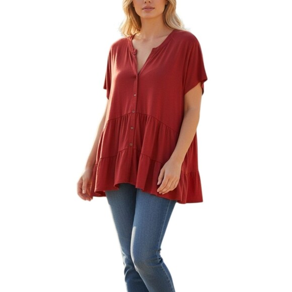 Wonderly Tops - Wonderly Red Tiered Tunic Blouse